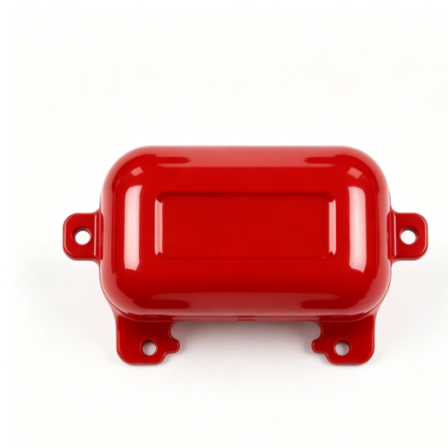 Red glossy plastic protective enclosure with two side mounting ears, bottom fixing feet and recessed label area