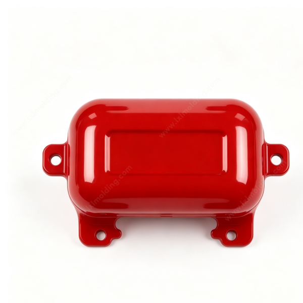 71 Red glossy plastic protective enclosure with two side mounting ears, bottom fixing feet and recessed label area