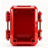 Red glossy plastic hinged enclosure with dual side metal hinges, four corner screw bosses for electrical junction assembly