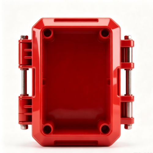 Red glossy plastic hinged enclosure with dual side metal hinges, four corner screw bosses for electrical junction assembly