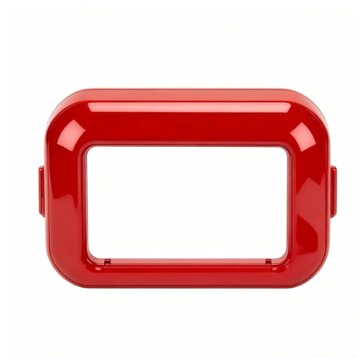 Red rounded‑rectangle plastic display bezel with large central opening and integrated side snap tabs