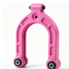 Pink U‑shaped plastic swing linkage bracket with top pivot hinge and embedded bottom bearing inserts