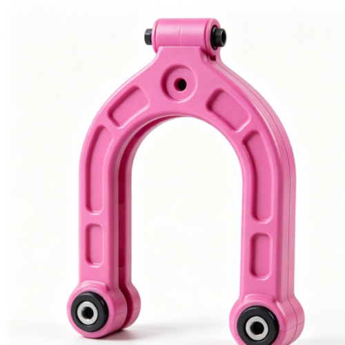 Pink U‑shaped plastic swing linkage bracket with top pivot hinge and embedded bottom bearing inserts