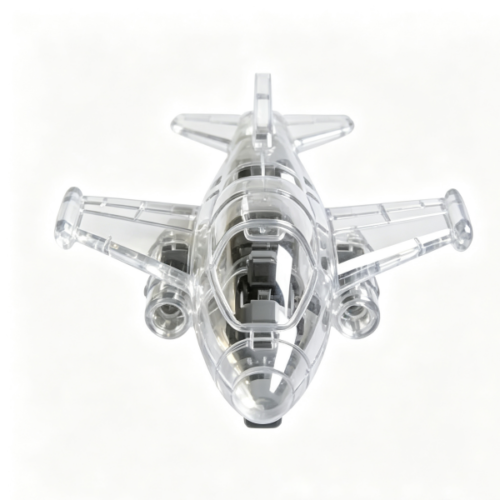 Clear transparent plastic aircraft model kit shell with interlocking split parts for demo and toy assembly