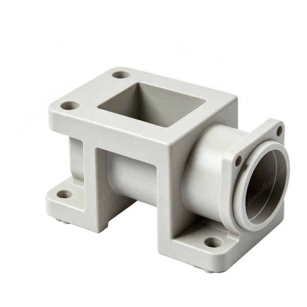 85 Light‑grey multi‑port plastic adapter bracket with square cavity, cylindrical port and multi‑flange mounting holes