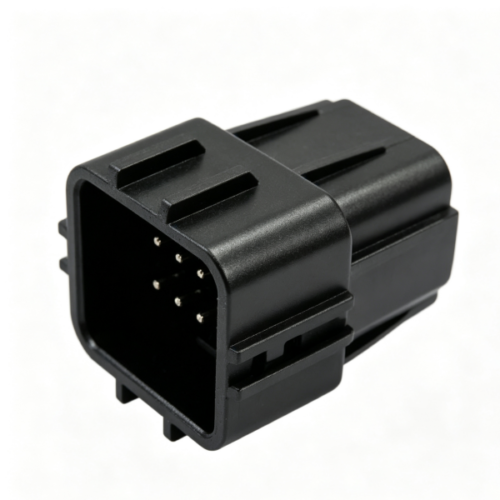 Black square multi‑pin electrical connector plug shell with outer locking retention slots