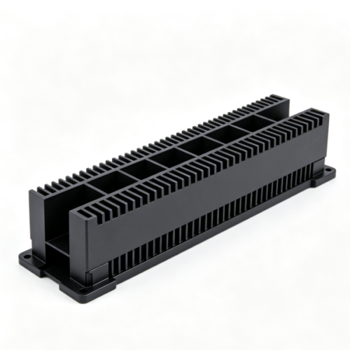 Long fin‑type heat‑dissipating module frame with dense cooling ribs and mounting lugs