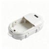 White oval plastic electronic enclosure with hinged lid, internal screw bosses, USB cutout and side snap latches