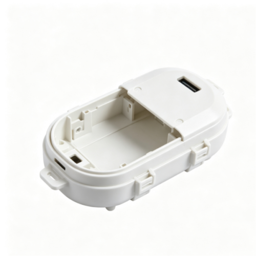 White oval plastic electronic enclosure with hinged lid, internal screw bosses, USB cutout and side snap latches