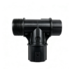 Black T‑shaped plastic pipe tee fitting with one male threaded branch and two push‑fit insert ports and reinforcing ribs