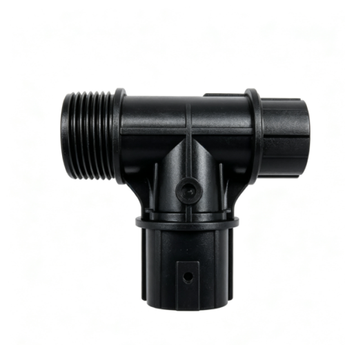 Black T‑shaped plastic pipe tee fitting with one male threaded branch and two push‑fit insert ports and reinforcing ribs