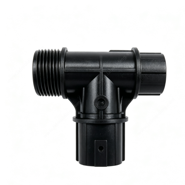 97 Black T‑shaped plastic pipe tee fitting with one male threaded branch and two push‑fit insert ports and reinforcing ribs