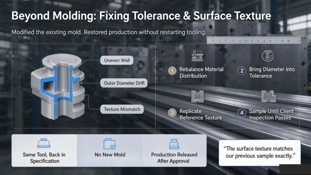 Engineering case study on mold modification, tolerance correction, and surface texture replication without new tooling