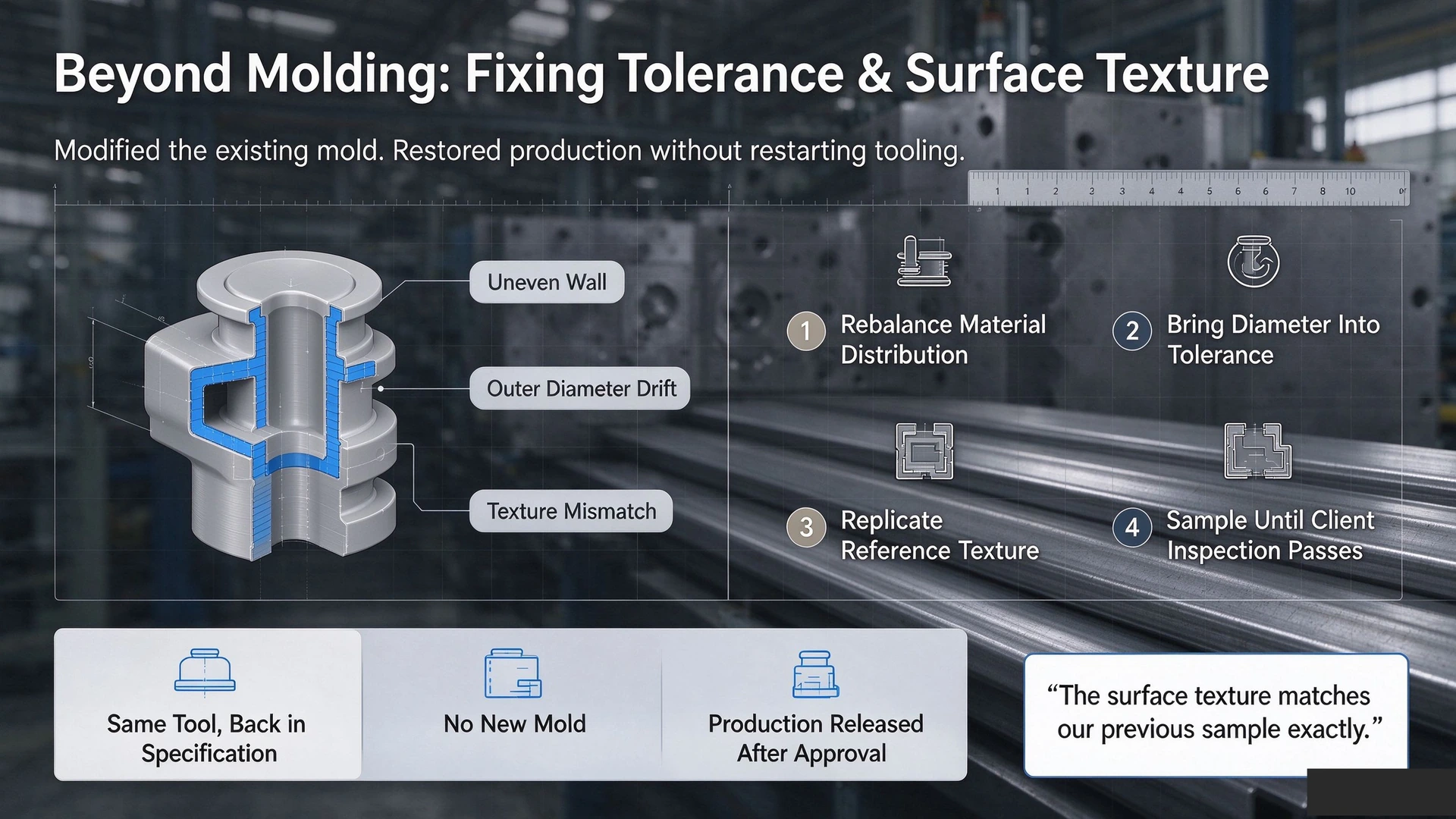 Engineering case study on mold modification, tolerance correction, and surface texture replication without new tooling