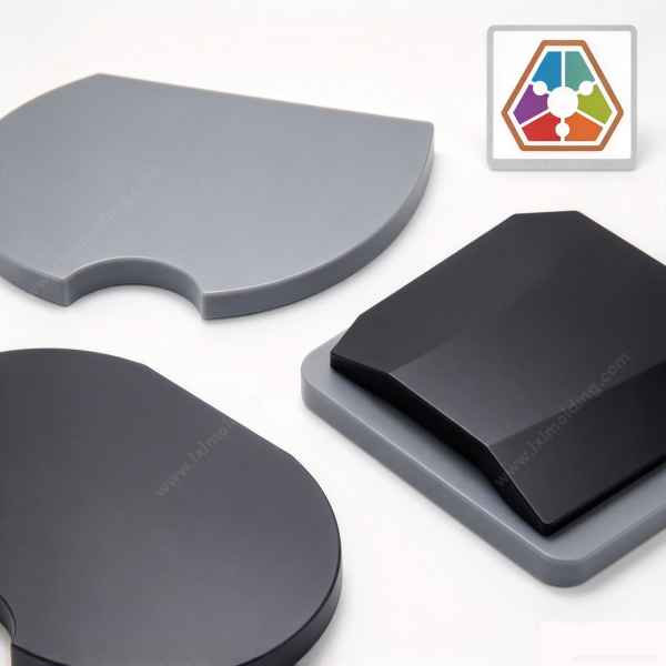 283 (2) Plastic cutting board range, with a grey board, a dark board and a black board stacked on a grey base