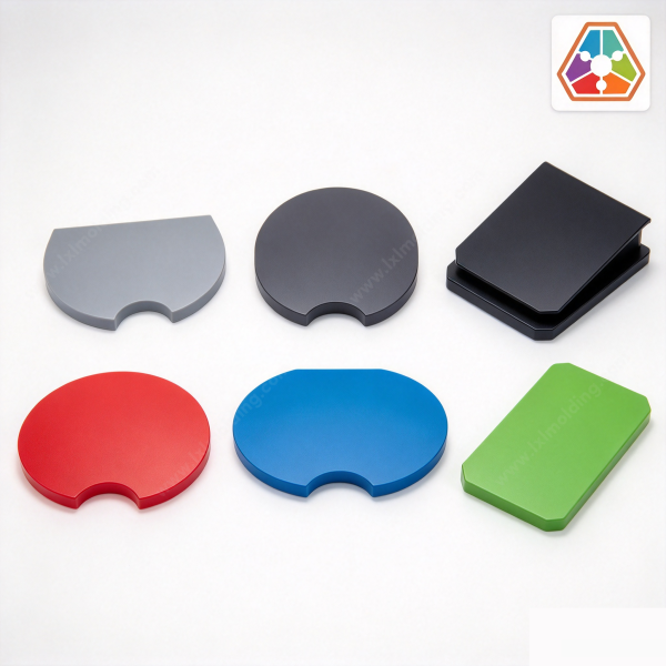 Plastic cutting board set in six shapes, with round, oval and octagon outlines in grey, red, blue and green