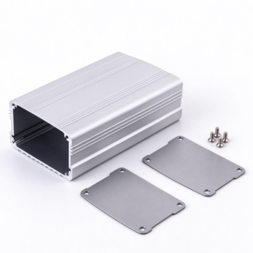 Extruded aluminum enclosure in silver, shown with two end plates and fixing screws on a white background