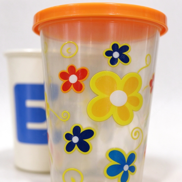 Promotional plastic cup with a printed flower design, shown with its fitted orange lid in place