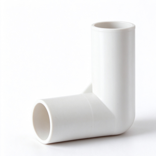 PVC socket elbow in white, a molded water fitting with a socket at each end, shown on a plain background