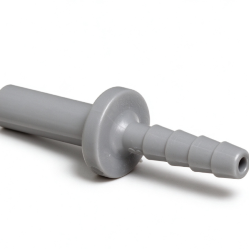Hose barb fitting in gray acetal, a molded stem to barb connector shown on a plain background