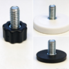 Adjustable leveling feet close up, the lobed pad, the plain pad and the toothed rim pad each on a threaded plated stud
