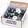 Adjustable leveling feet boxed in a printed carton, the black and white pads and the loose plated studs bagged