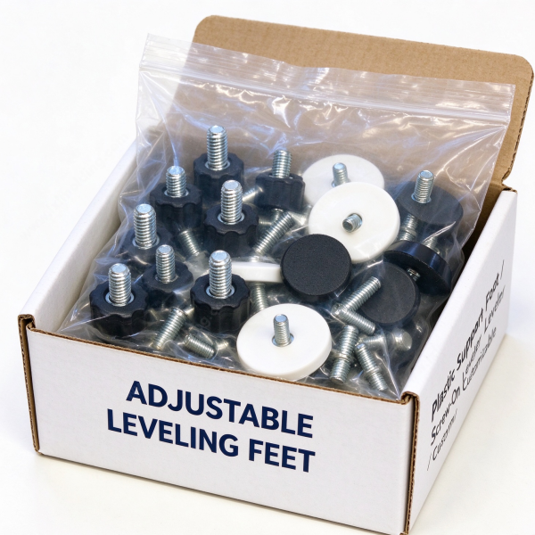 Adjustable leveling feet boxed in a printed carton, the black and white pads and the loose plated studs bagged
