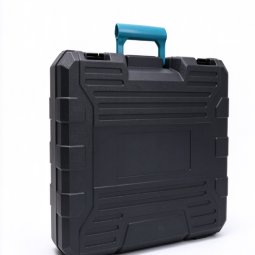 Hard tool box standing closed in black with a blue carry handle, a recessed panel and two front latches