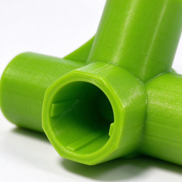 Three-way plastic connector joining clear tubing, with water running through two bores