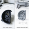 Split connector shell in black beside its part model, with a caliper on the bench