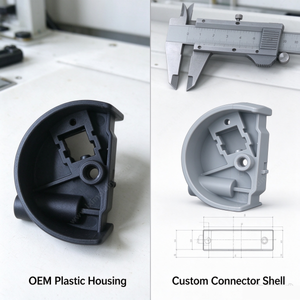 306 (3) Split connector shell in black beside its part model, with a caliper on the bench