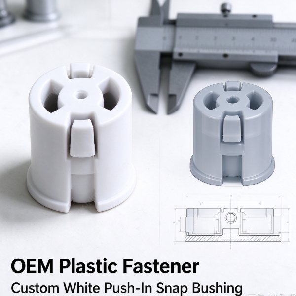 309 (1) Push-in snap bushing in white beside its part model, with a section view and a caliper on the bench