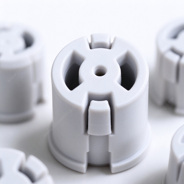 309 (2) Molded push-in snap bushing in white, the round wall, latch leg and center bore in close view