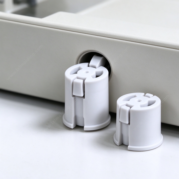 309 (3) Push-in snap bushing pressed into a hole in a white panel wall, with a second part beside it