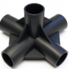 Molded five-way tube connector in black, the socket walls and gusset ribs in a second view on a bench