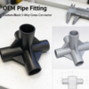 OEM five-way tube connector in black beside its part model, a section view and a caliper on a bench