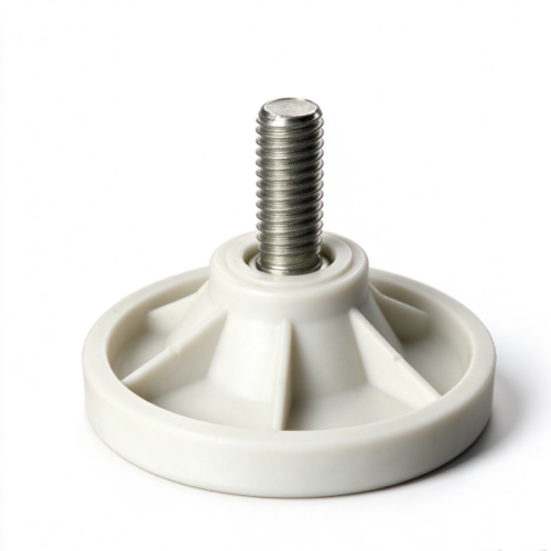 Leveling foot with threaded stud in white, the ribbed base and the stud standing on a white bench