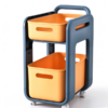 Rolling storage cart in blue and orange, the two bins, the top grip and the casters on a white floor