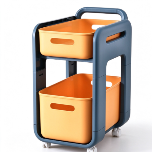 Rolling storage cart in blue and orange, the two bins, the top grip and the casters on a white floor
