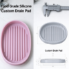 Silicone drain pad beside the part views and a section view of the pad on the bench with a caliper