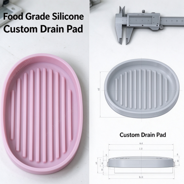 321 (2) Silicone drain pad beside the part views and a section view of the pad on the bench with a caliper