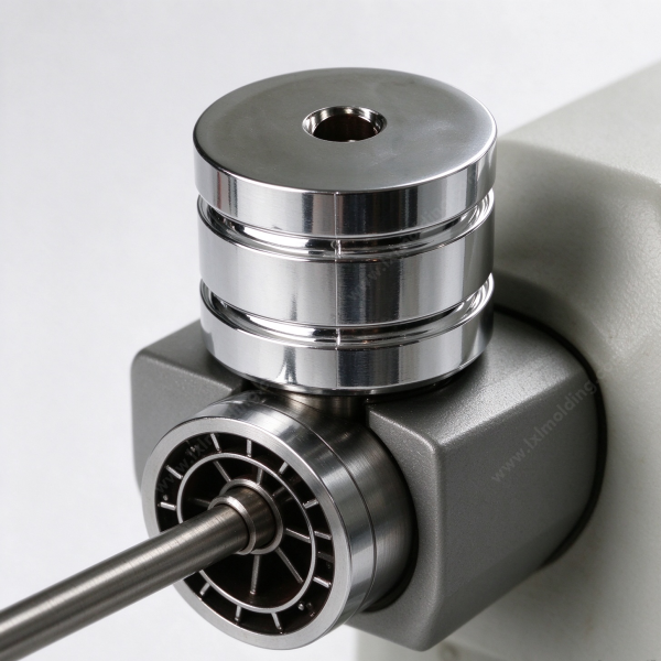 Chrome plated knob mounted on a machine face above the shaft and the molded cover behind it