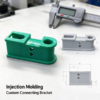 Connecting bracket in green beside dimension views and a caliper, marked custom connecting bracket for injection molding