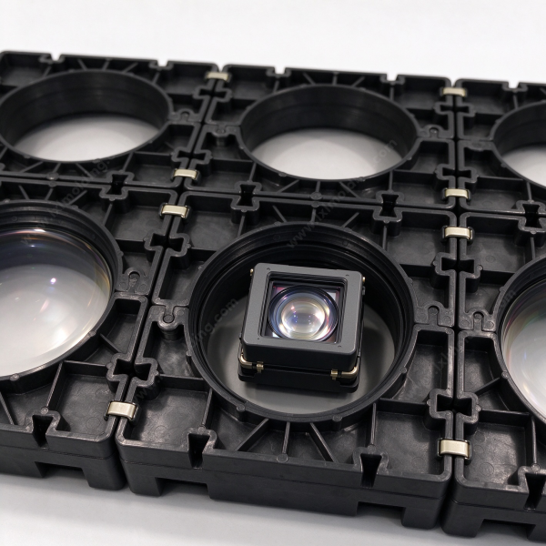 326 (2) Modular mounting frames locked into an array with lenses seated in the bores and a square lens module in the middle