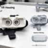 VR housing in white beside gray dimension views and a caliper, marked VR Housing and Injection Molding on the sheet