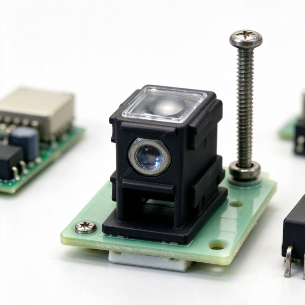330 (2) Optical sensor housing shown on a green circuit board with a long screw beside it, a board mount part in black