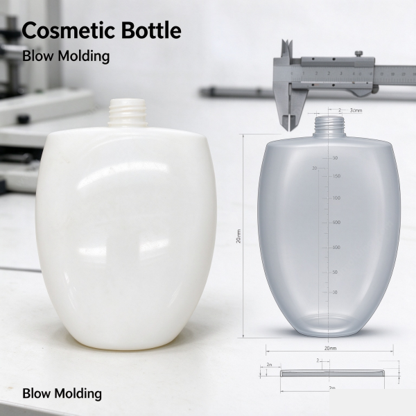 Cosmetic bottle in white beside gray dimension views and a caliper, marked Cosmetic Bottle and Blow Molding