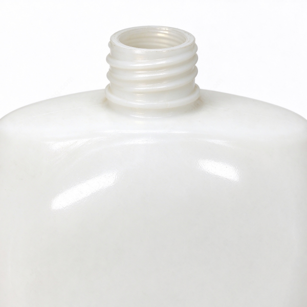 333 (2) Cosmetic bottle in white up close, the threaded neck standing under the rounded shoulder