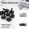 Rubber buffer buckle beside gray section views and a caliper, marked Rubber Buffer Buckle, Molded Rubber and Customizable