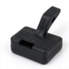 Rubber buffer buckle in black at an angle, the ribbed pad and the strap loop with a hole through its end